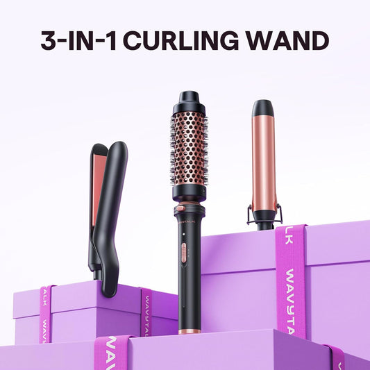 Wavytalk 3 in 1 Curling Wand Set, Multi Curl, Curling Iron Set with Heated Round Brush, Flat Iron Hair Straightener, 1 1/4 inch Curling Iron, Dual Voltage Hair Curler